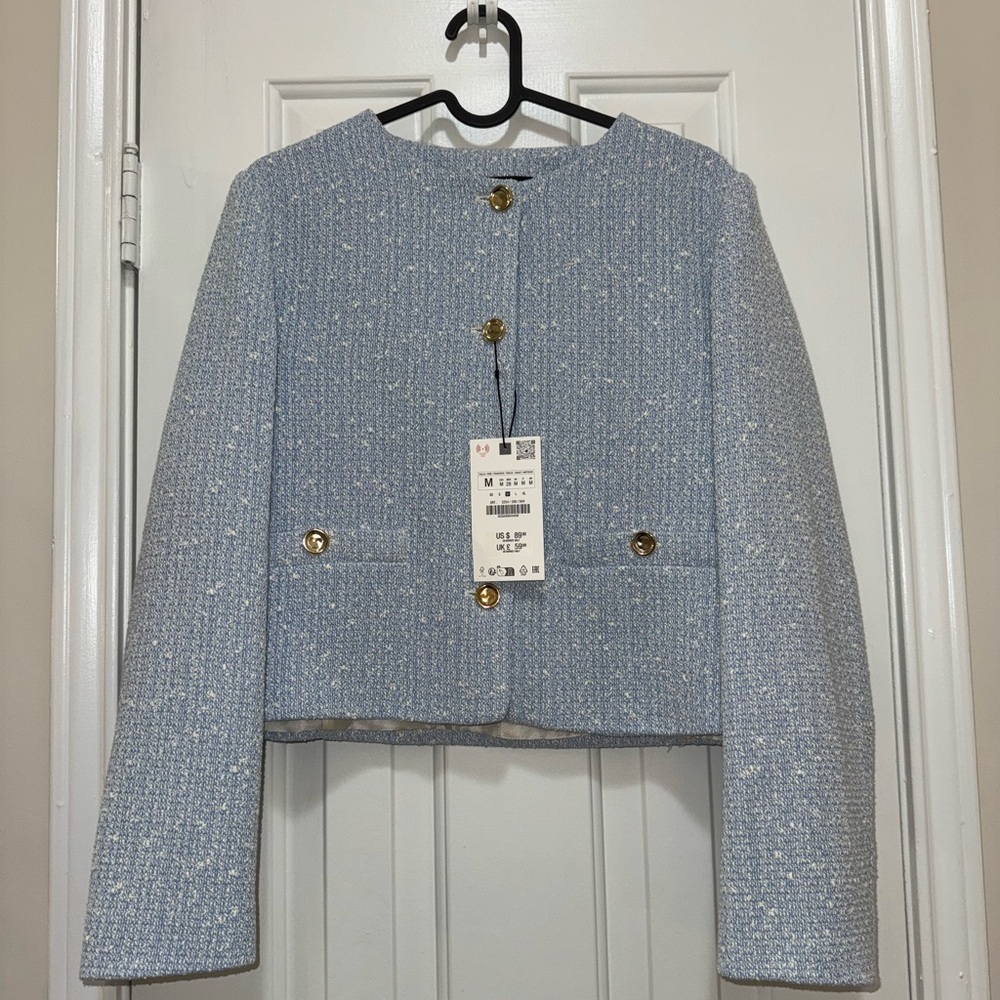 Zara Light Blue Tweed Blazer